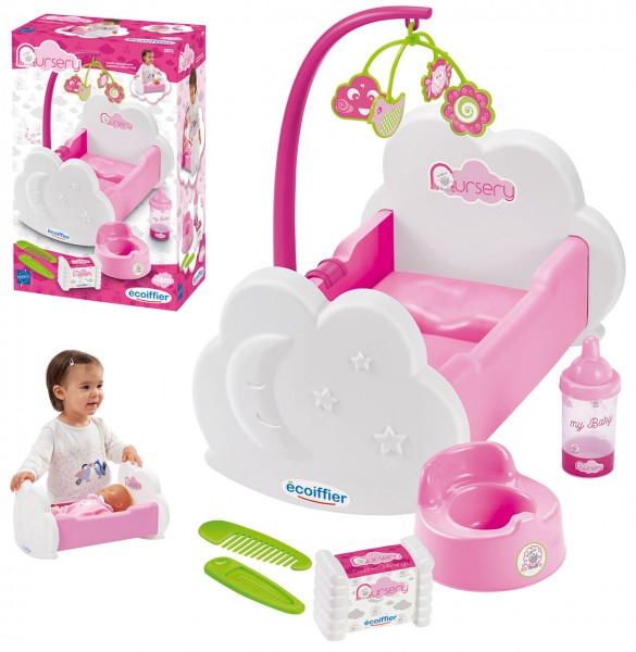 Mein erstes Puppenbett mit Mobile und Zubehör (Weiß-Rosa)