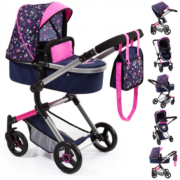 Puppenwagen Vario 2in1 mit Wickeltasche Herzchen (Blau-Pink)