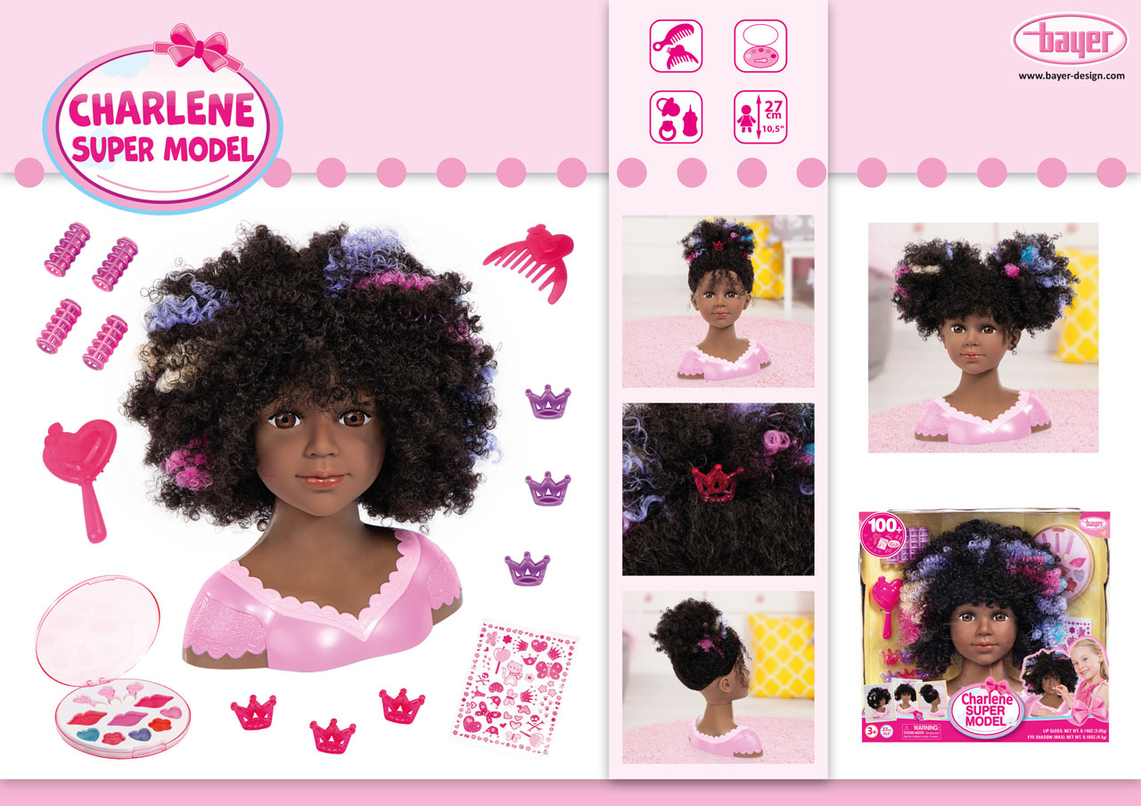 ✔️ BAYER DESIGN® Charlene Super Model Schmink- und Frisierkopf 27 cm  Afro-Look (Schwarz) | Spielzeug24