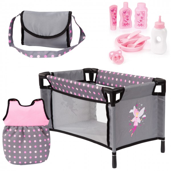 Puppenzubehör Set mit Reisebett, Schlafsack und Accessoires (Grau-Rosa)