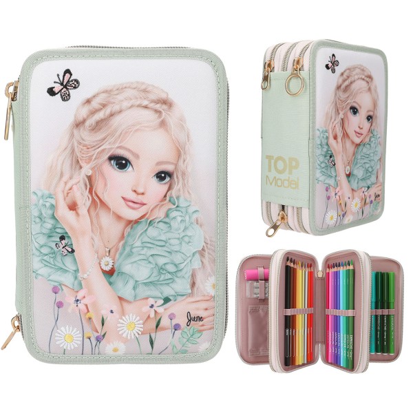 TOPModel 3 Fach Federtasche mit Stickerei Summer Feeling (Salbeigrün)