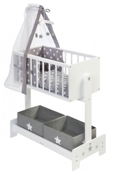 Große Puppenwiege mit Nestchen, Bettzeug, Mobile und Stoffboxen (Weiß-Grau)