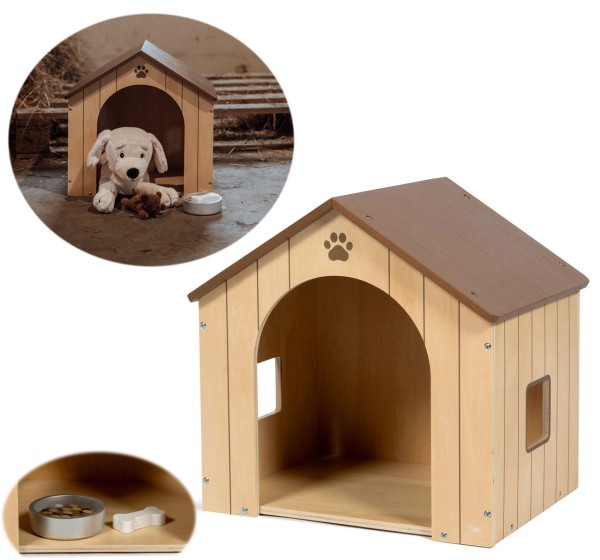 Hundehütte aus Holz für Plüschhunde
