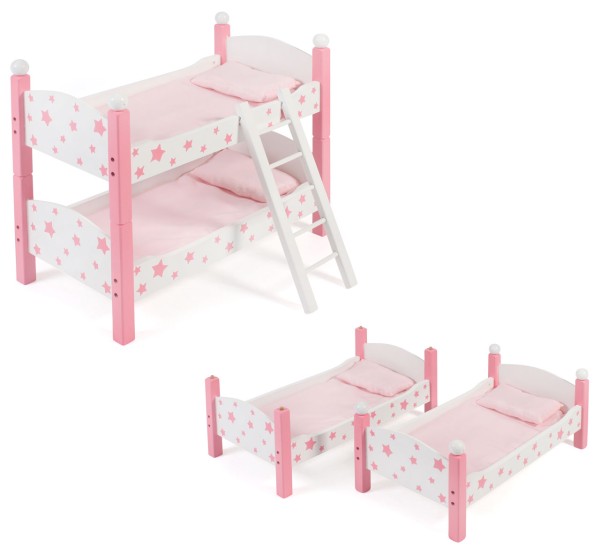 Puppenetagenbett aus Holz Stars (Weiß-Rosa)