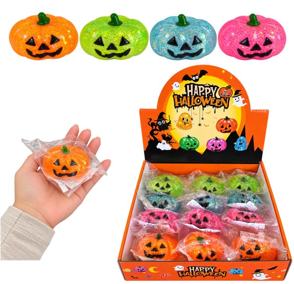 Maltose Glitzer Kürbis 6 cm Halloween-Quetschspaß (Sortiert)