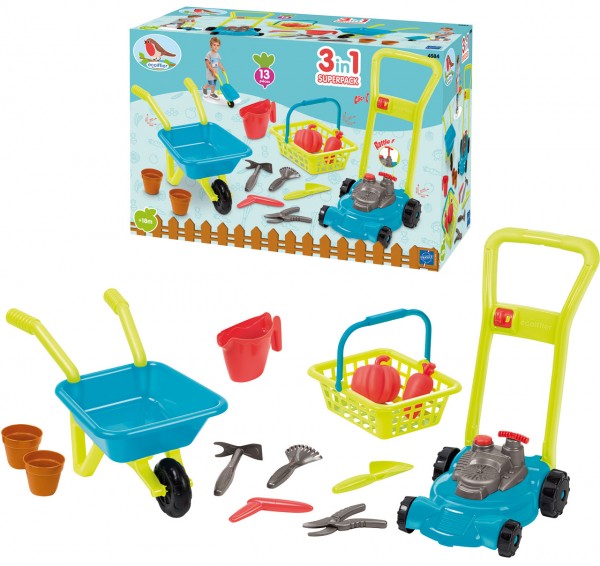 Gärtner-Set mit Schubkarre, Rasenmäher und Gartenzubehör (Petrol-Grün)