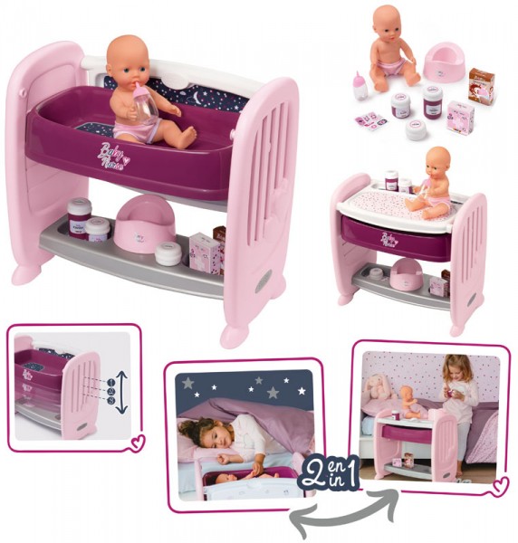 Baby Nurse Puppen-Beistellbett und Wickeltisch 2in1 mit Puppe (Brombeere)