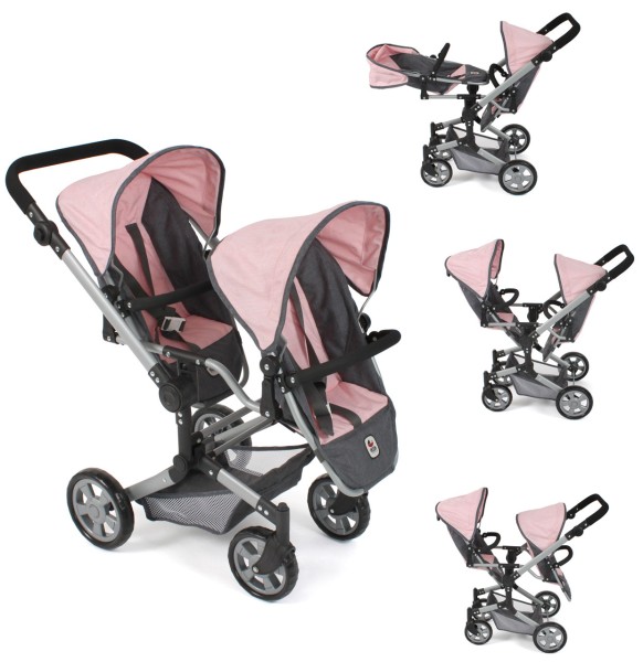 Puppenwagen Linus Duo Zwillingspuppenwagen (Melange Anthrazit-Rosa)