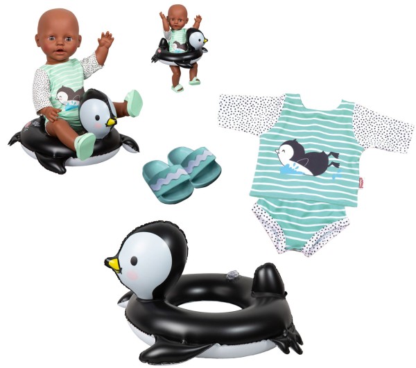 Puppenschwimm-Set Pinguin mit Badeanzug und Badelatschen (Mint)