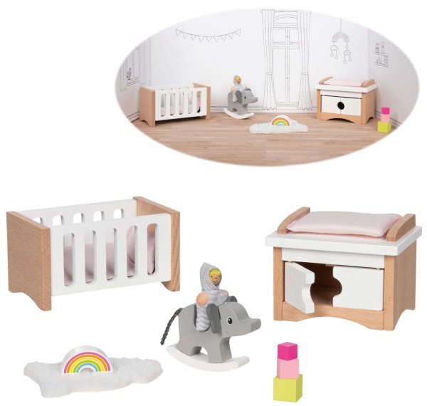 Puppenhausmöbel Style Babyzimmer (Natur-Weiß)