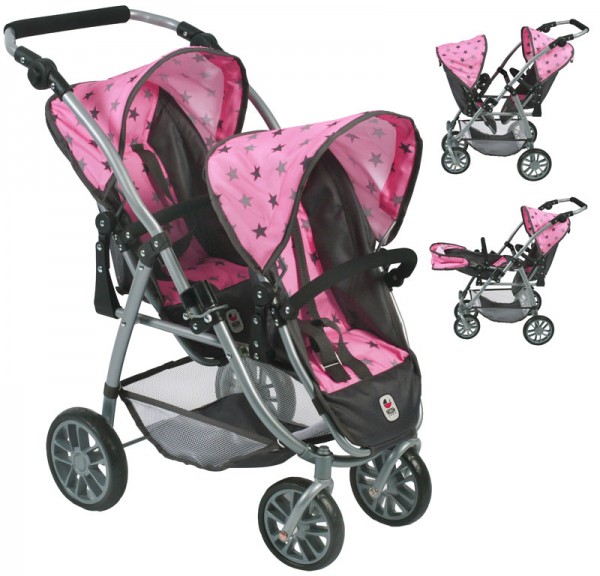 Zwillingspuppenwagen Tandem-Buggy Vario (Sternchen Grau-Rosa)