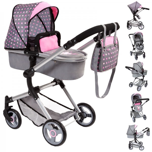 Puppenwagen Neo Vario 2in1 mit Wickeltasche Dots (Grau-Rosa)