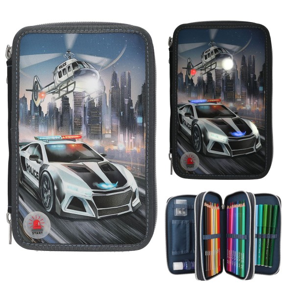 Monster Cars 3 Fach Federtasche LED Polizeiauto