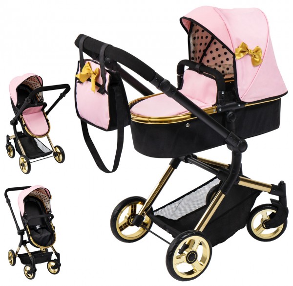 Puppenwagen Vario 2in1 mit Wickeltasche Gold (Schwarz-Rosa-Gold)
