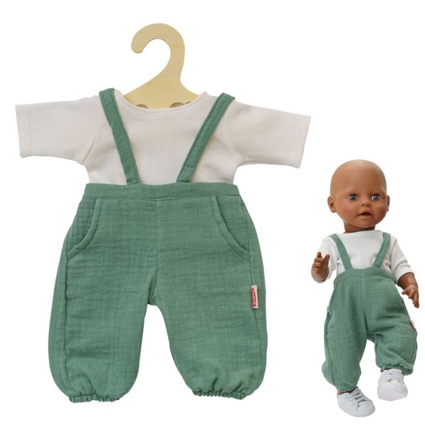 Puppenkleidung Musselin-Latzhose mit weißem T-Shirt Gr. 35-45 cm (Salbeigrün)