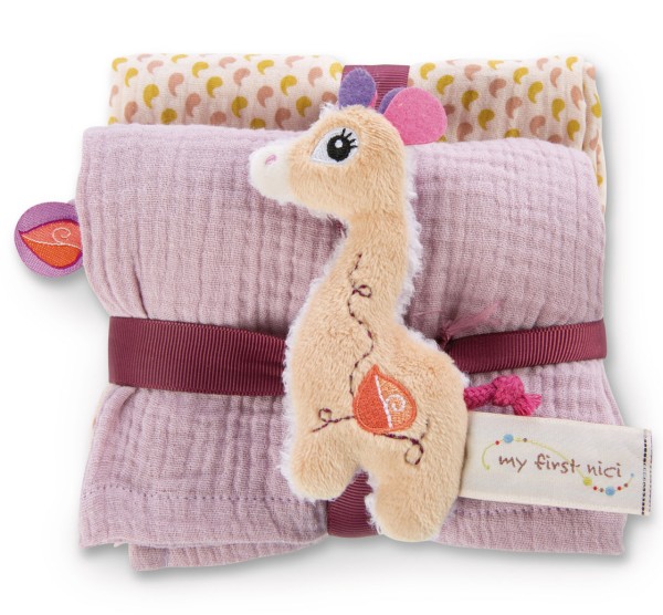 Mulltuch 2er Set mit Greifling Giraffe Sasuma (Beige-Lila)