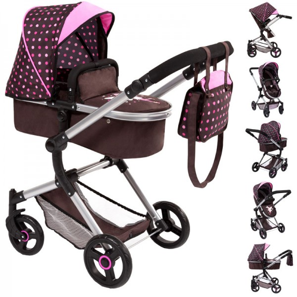 Puppenwagen Neo Vario 2in1 mit Wickeltasche (Braun-Rosa)