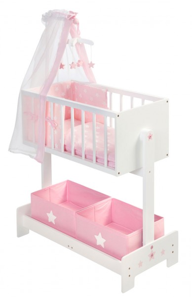 Große Puppenwiege mit Nestchen, Bettzeug, Mobile und Stoffboxen (Weiß-Rosa)