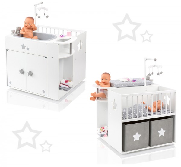 Großes Puppenpflegecenter 5in1 Sternchen aus Holz (Weiß-Grau)
