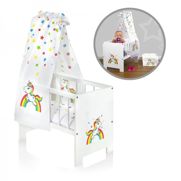 Puppenbett mit Himmel Einhorn mit Regenbogen aus Holz (Weiß-Bunt)