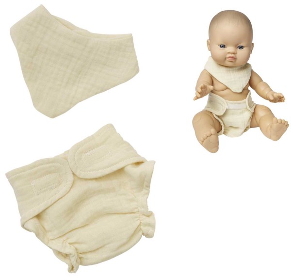 Puppenkleidung Musselin-Babyset mit Stoffwindel und Lätzchen Gr. 28-35 cm (Ecru)