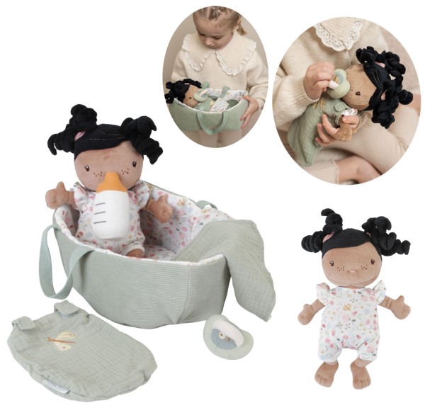 Babypuppe Evi aus Stoff mit Tragetasche und Zubehör (Salbeigrün)