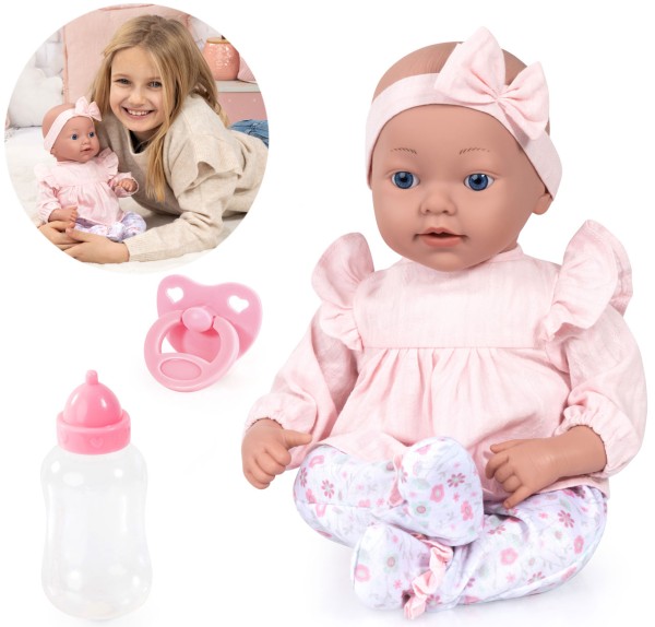 Reborn Babypuppe 38 cm mit Schnuller und Fläschchen (Rosa-Weiß)