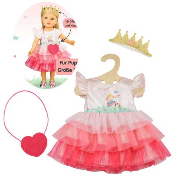 Puppenkleid Prinzessin Emily mit Herztasche und Krone Gr. 28-35 cm