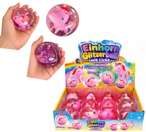 Großer Flummi 6,5 cm Einhorn mit Glitzer & Licht