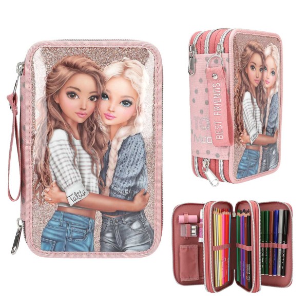 TOPModel 3 Fach Federtasche Dots mit Glitzerhintergrund (Rosa)