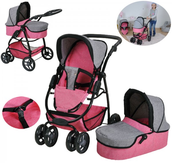 Puppenwagen Coco 2in1 Jeans (Grau-Rosa)